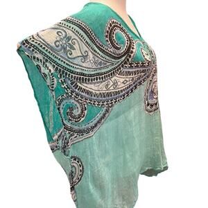 Chicos Topper 100% Linen Top Teal Paisley Coverup Blouse V-Neck Small / Medium
